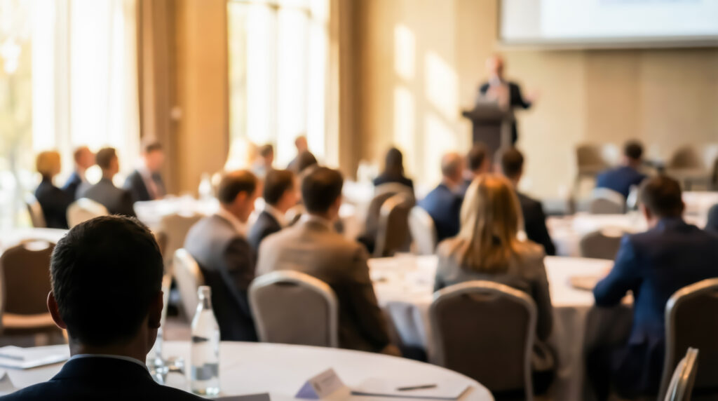 Unscharfer Konferenzraum mit Publikum und Rednerin