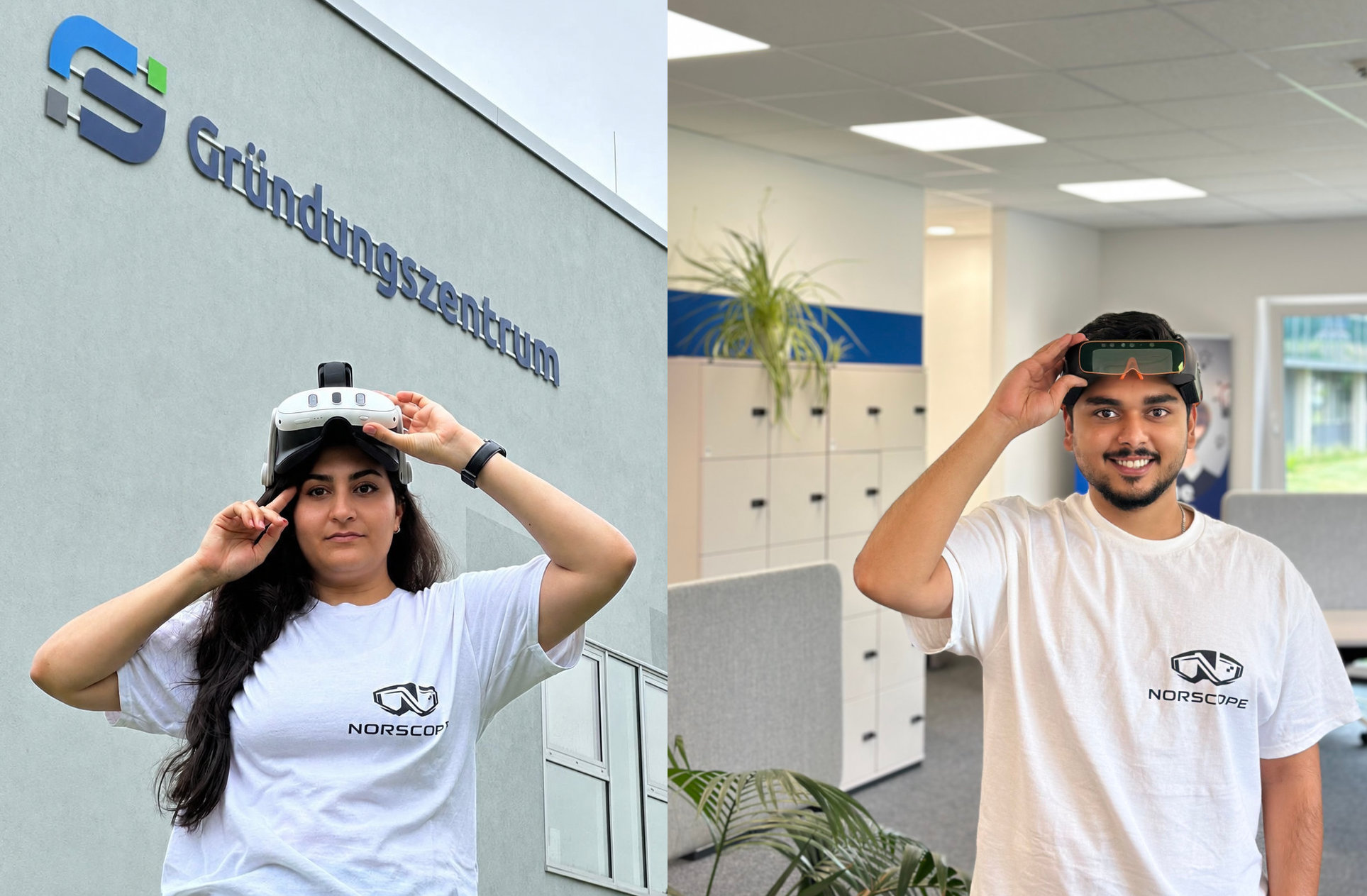 Zwei Personen des NorScope-Teams mit VR-Brillen vor und im Gründungszentrum