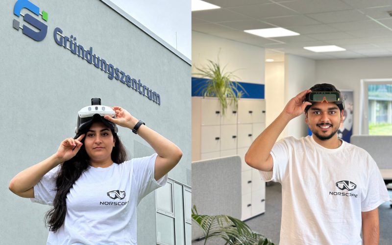 Zwei Personen des NorScope-Teams mit VR-Brillen vor und im Gründungszentrum